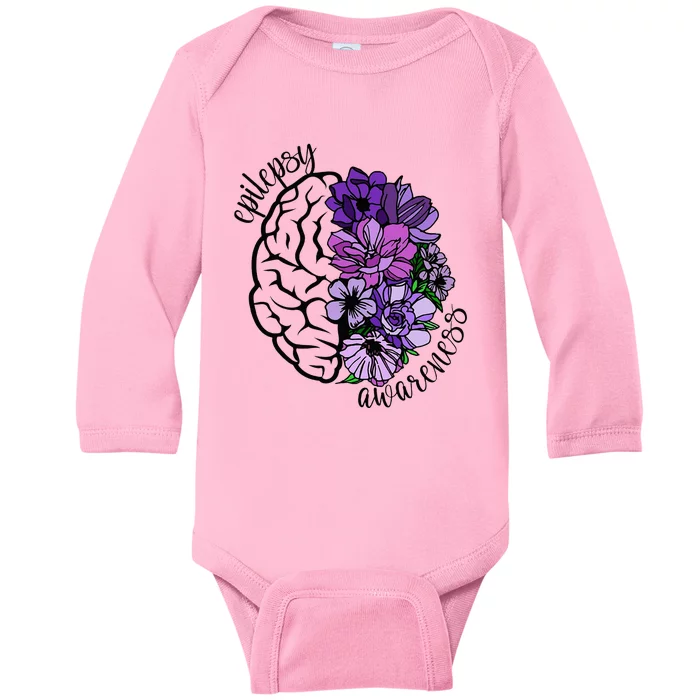 Epilepsy Awareness Purple Brain Flower Baby Long Sleeve Bodysuit