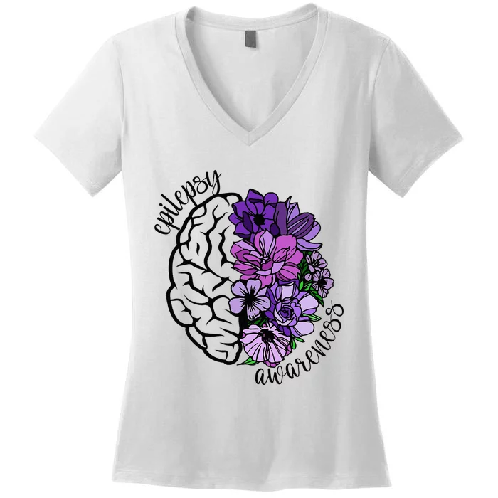 Epilepsy Awareness Purple Brain Flower Women's V-Neck T-Shirt