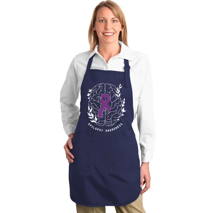 Epilepsy Awareness Ribbon Purple Epilepsy Brain Grahpic Full-Length Apron With Pocket