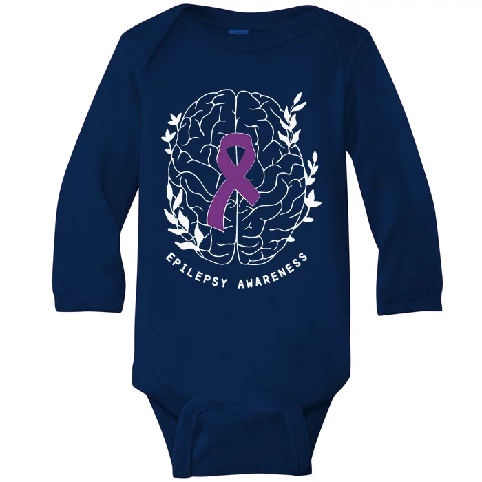 Epilepsy Awareness Ribbon Purple Epilepsy Brain Grahpic Baby Long Sleeve Bodysuit