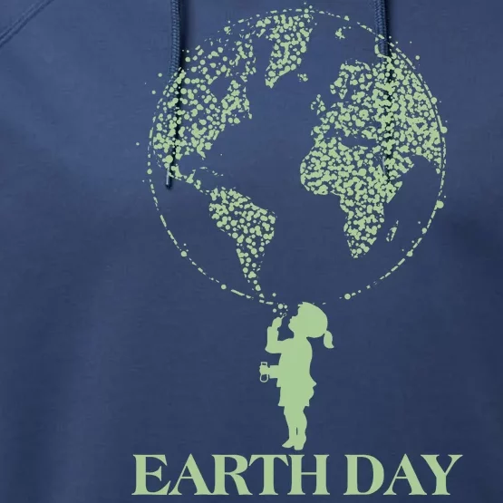 Earth Day Child Blowing Bubbles Earth Performance Fleece Hoodie