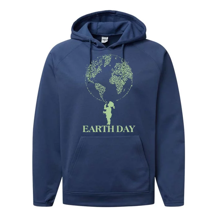 Earth Day Child Blowing Bubbles Earth Performance Fleece Hoodie