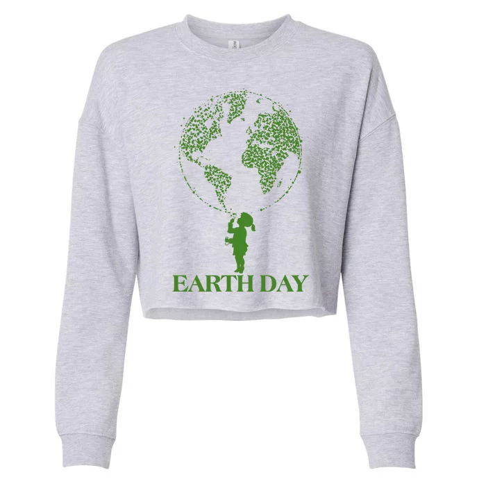 Earth Day Child Blowing Bubbles Earth Cropped Pullover Crew