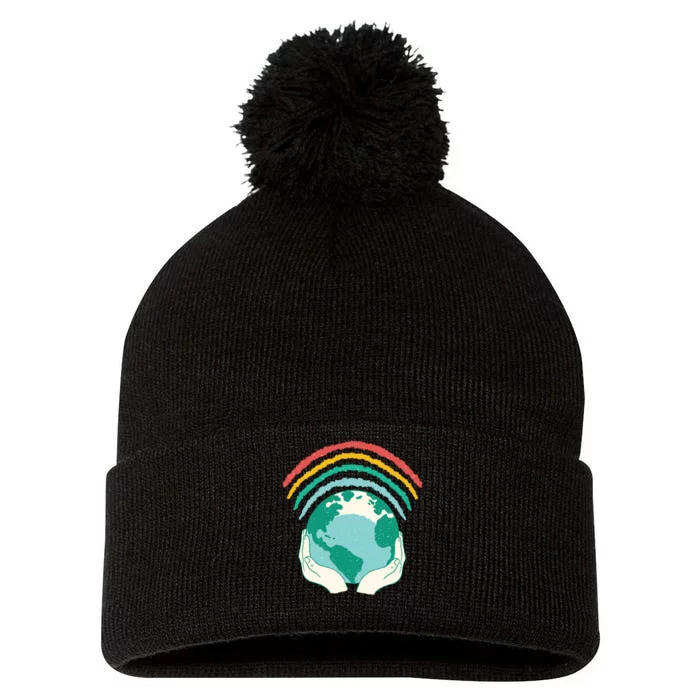 Earth Rainbow Pom Pom 12in Knit Beanie