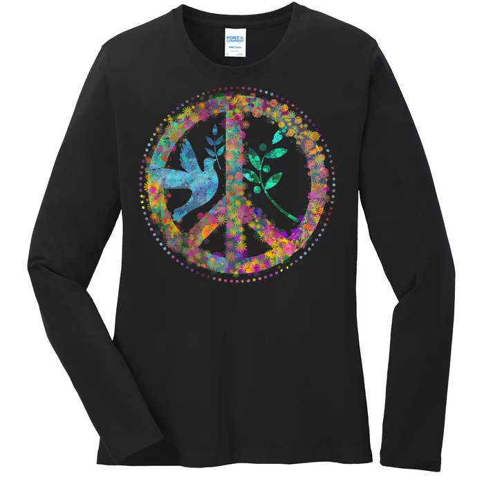 Earth Watercolor Peace Sign Ladies Long Sleeve Shirt