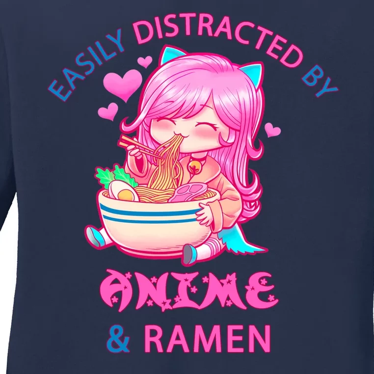 Easily Distracted By Anime & Ramen Ladies Long Sleeve Shirt