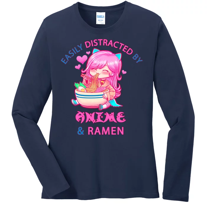 Easily Distracted By Anime & Ramen Ladies Long Sleeve Shirt