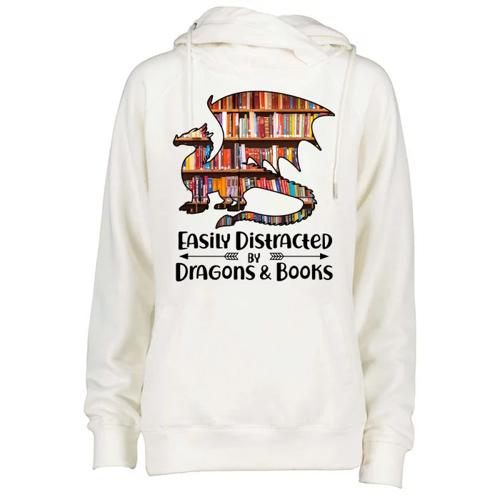 Easily Distracted By Dragons And Books Womens Funnel Neck Pullover Hood