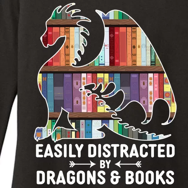 Easily Distracted By Dragons and Books Fantasy Book Lover Womens CVC Long Sleeve Shirt