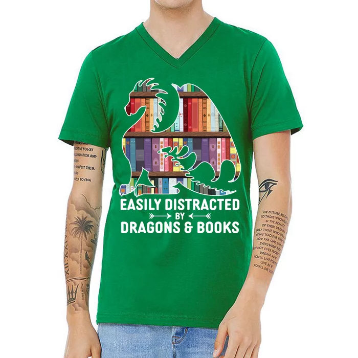 Easily Distracted By Dragons and Books Fantasy Book Lover V-Neck T-Shirt