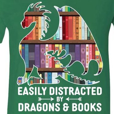 Easily Distracted By Dragons and Books Fantasy Book Lover V-Neck T-Shirt