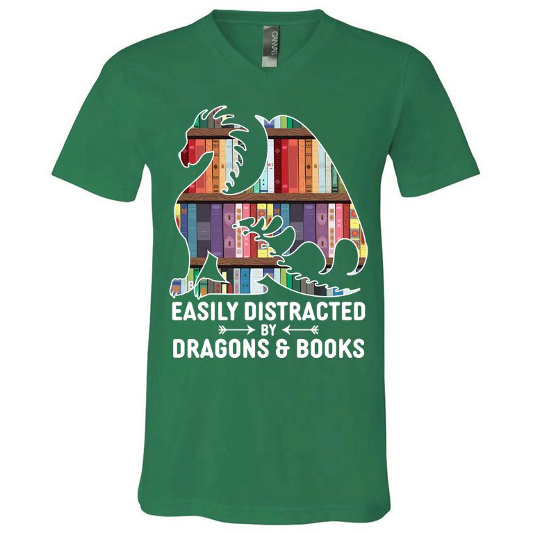 Easily Distracted By Dragons and Books Fantasy Book Lover V-Neck T-Shirt