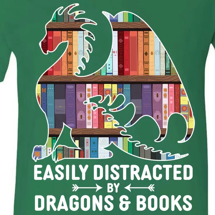 Easily Distracted By Dragons and Books Fantasy Book Lover V-Neck T-Shirt