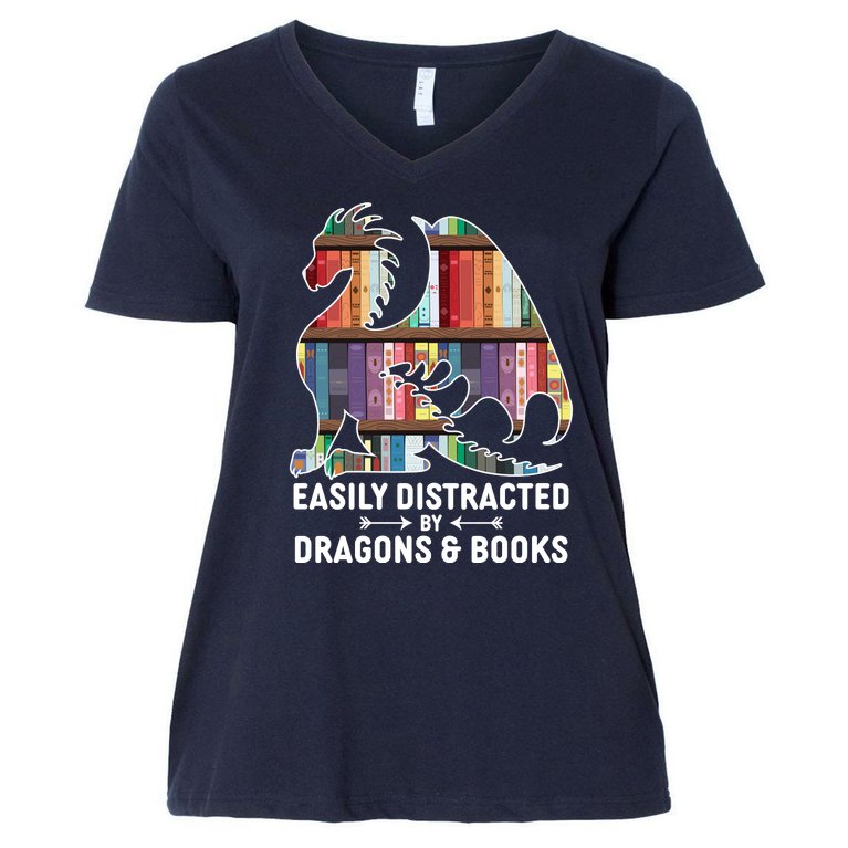 Easily Distracted By Dragons and Books Fantasy Book Lover Women's V-Neck Plus Size T-Shirt