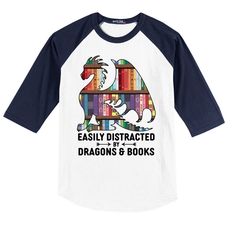 Easily Distracted By Dragons and Books Fantasy Book Lover Baseball Sleeve Shirt