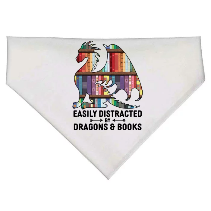 Easily Distracted By Dragons and Books Fantasy Book Lover USA-Made Doggie Bandana