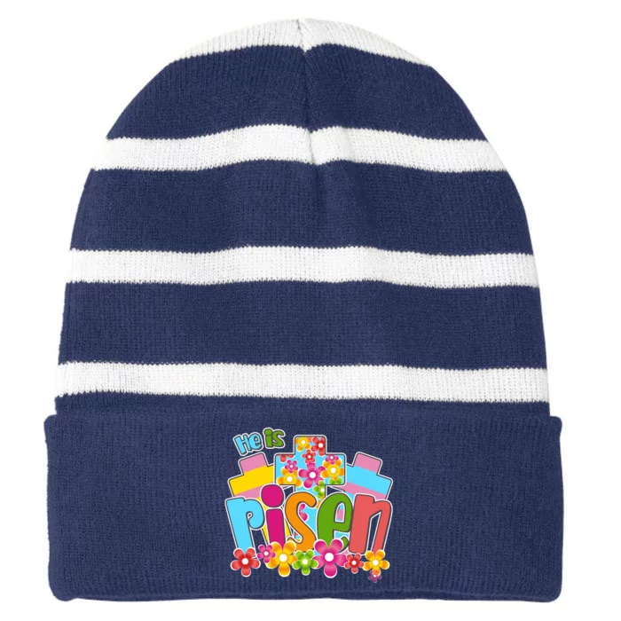 Easter He Is Risen Spring flowers Striped Beanie with Solid Band