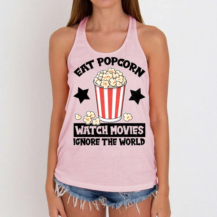 Eat Popcorn Watch Movies Ignore The World Women's Knotted Racerback Tank