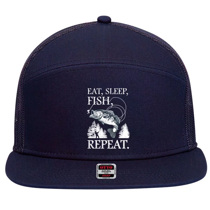 Eat Sleep Fish Repeat 7 Panel Mesh Trucker Snapback Hat