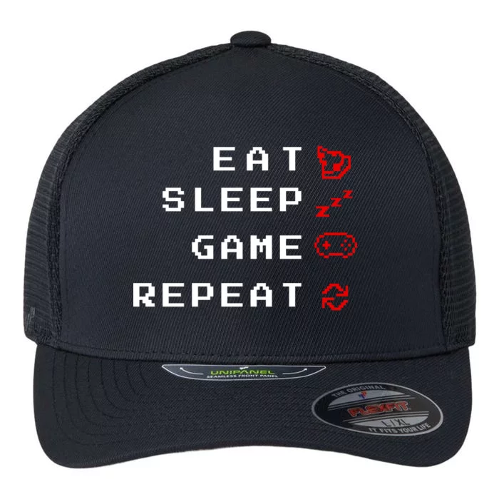 Eat Sleep Game Repeat Flexfit Unipanel Trucker Cap