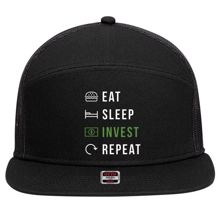 Eat Sleep Invest Repeat 7 Panel Mesh Trucker Snapback Hat