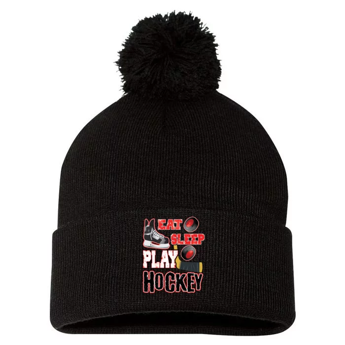 Eat Sleep Play Hockey Pom Pom 12in Knit Beanie