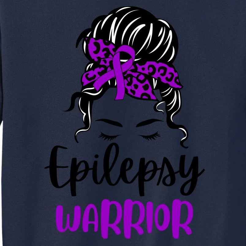 Epilepsy Awareness Woman Glasses Messy Bun Leopard Bandana Tall Sweatshirt