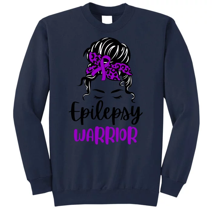 Epilepsy Awareness Woman Glasses Messy Bun Leopard Bandana Tall Sweatshirt