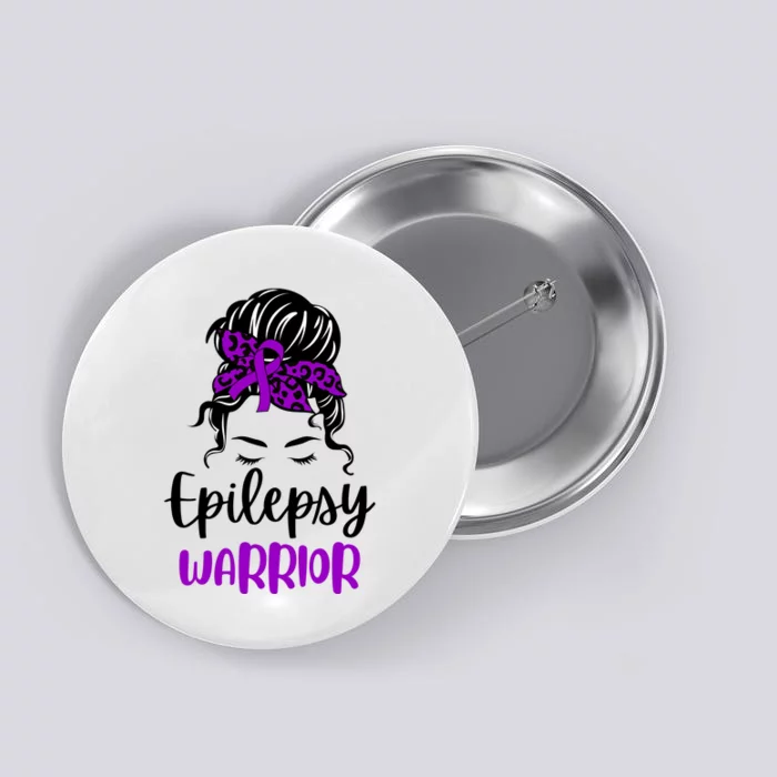 Epilepsy Awareness Woman Glasses Messy Bun Leopard Bandana Button