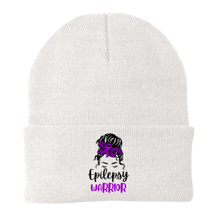 Epilepsy Awareness Woman Glasses Messy Bun Leopard Bandana Knit Cap Winter Beanie