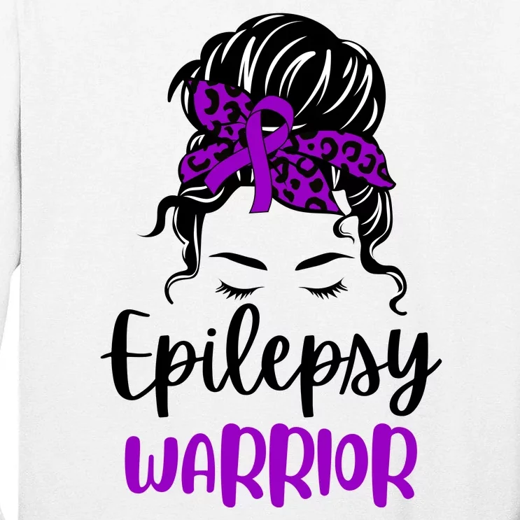 Epilepsy Awareness Woman Glasses Messy Bun Leopard Bandana Tall Long Sleeve T-Shirt