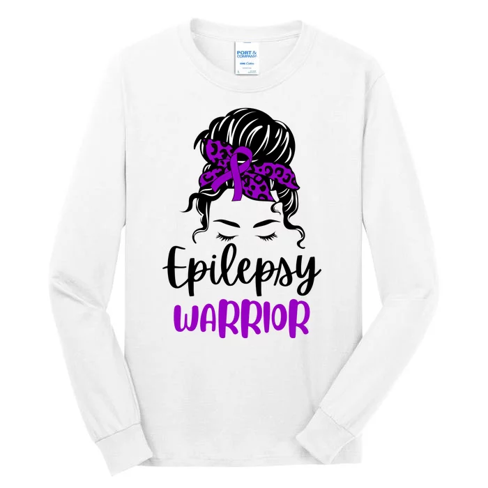 Epilepsy Awareness Woman Glasses Messy Bun Leopard Bandana Tall Long Sleeve T-Shirt