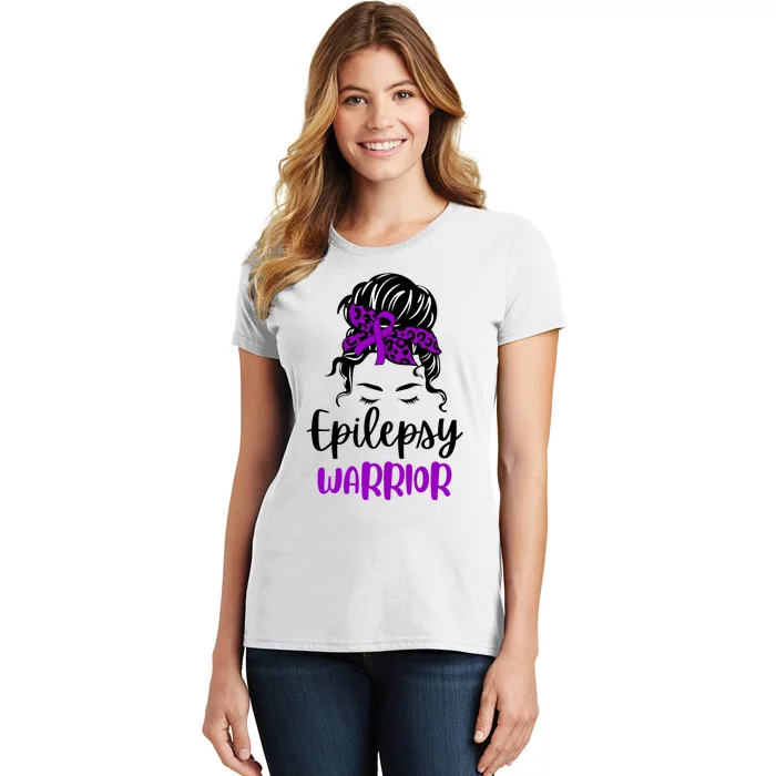 Epilepsy Awareness Woman Glasses Messy Bun Leopard Bandana Women's T-Shirt