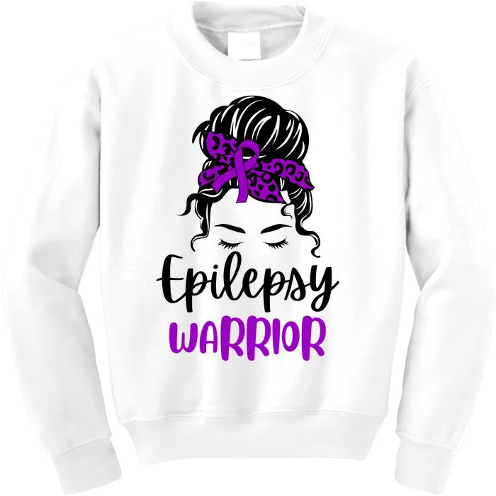 Epilepsy Awareness Woman Glasses Messy Bun Leopard Bandana Kids Sweatshirt