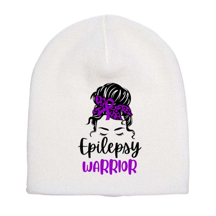 Epilepsy Awareness Woman Glasses Messy Bun Leopard Bandana Short Acrylic Beanie