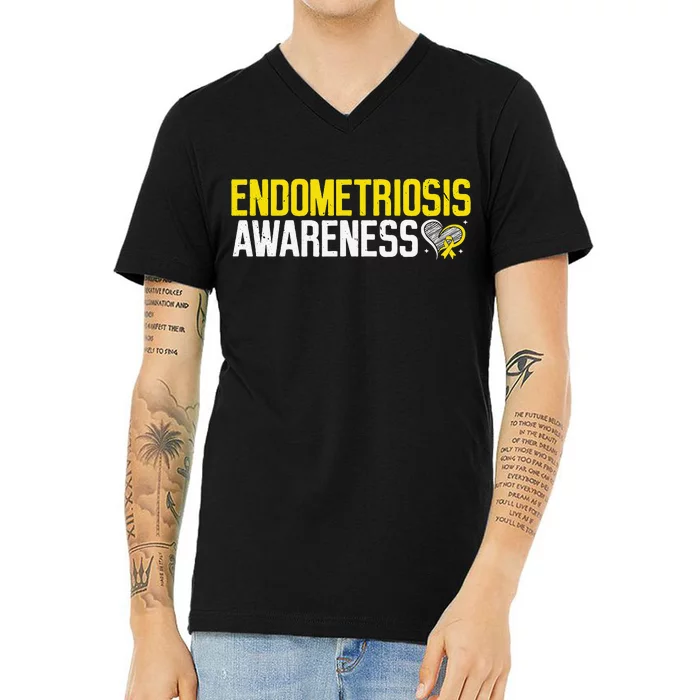 Endometriosis Awareness Yellow Ribbon Endo Warrior Support V-Neck T-Shirt