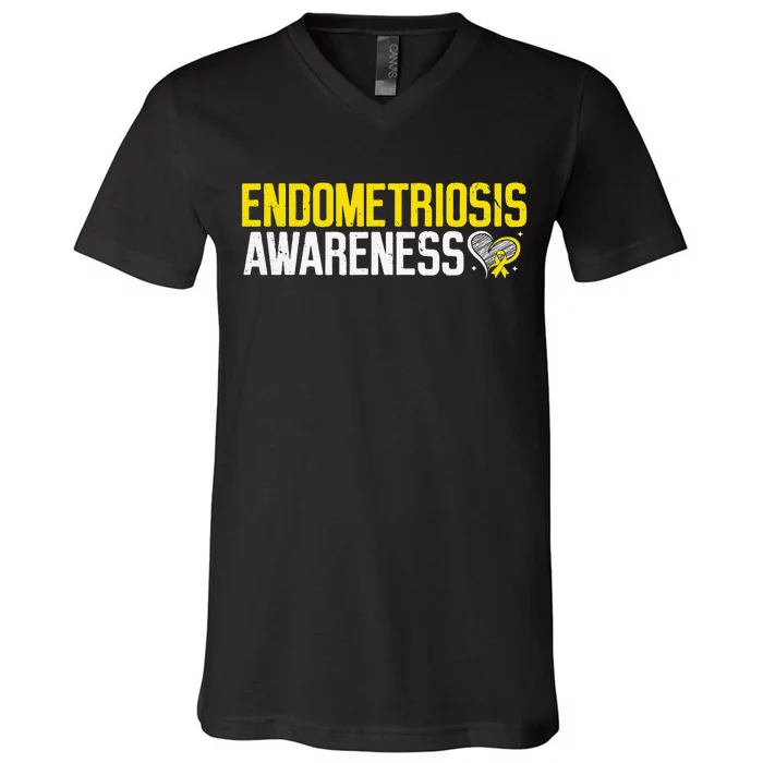 Endometriosis Awareness Yellow Ribbon Endo Warrior Support V-Neck T-Shirt