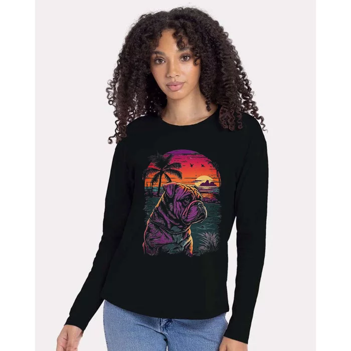 English Bulldog 80s Sunset Vintage Retro Style Womens Cotton Relaxed Long Sleeve T-Shirt