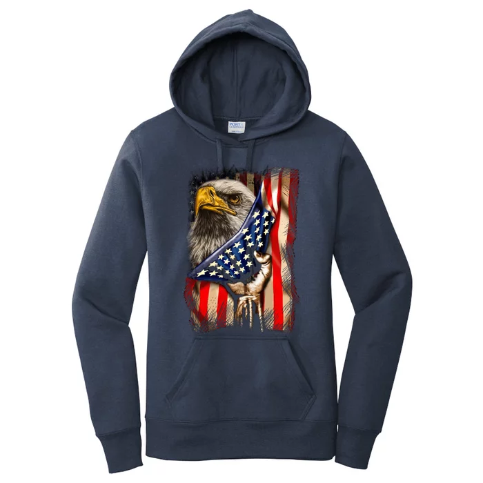 Eagle Behind American Flag 4th Of July Patriotic Eagle Lover Gift Women's Pullover Hoodie