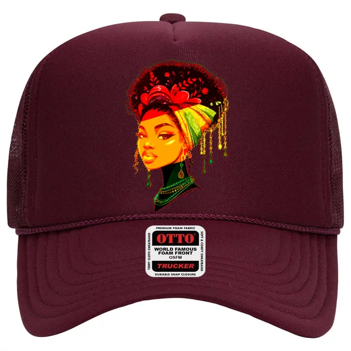 Elegant Black African American Woman With Afro Head Wrap High Crown Mesh Trucker Hat