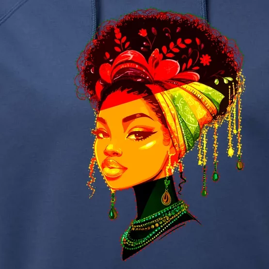 Elegant Black African American Woman With Afro Head Wrap Performance Fleece Hoodie