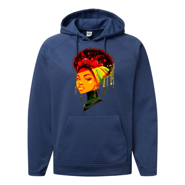 Elegant Black African American Woman With Afro Head Wrap Performance Fleece Hoodie