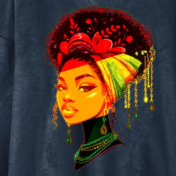 Elegant Black African American Woman With Afro Head Wrap Hooded Wearable Blanket