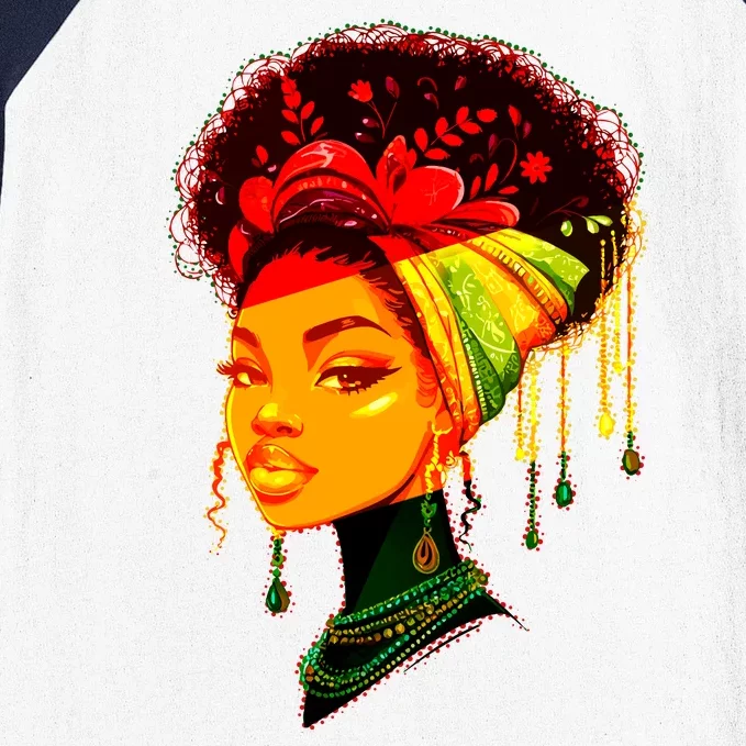 Elegant Black African American Woman With Afro Head Wrap Baseball Sleeve Shirt