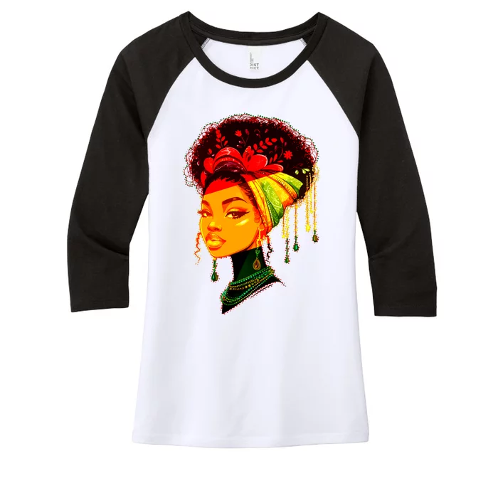 Elegant Black African American Woman With Afro Head Wrap Women's Tri-Blend 3/4-Sleeve Raglan Shirt