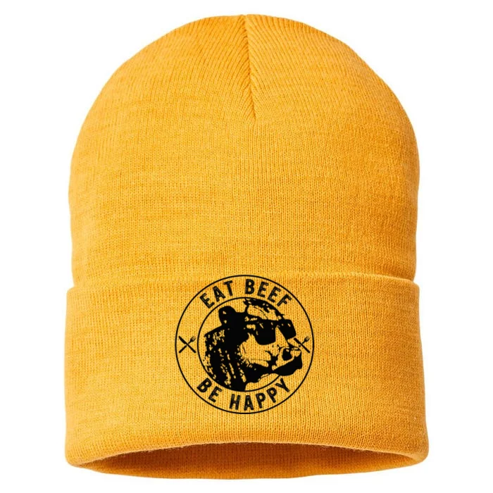 Eat Beef Be Happy Funny Heifer Cow Farmer Sustainable Knit Beanie