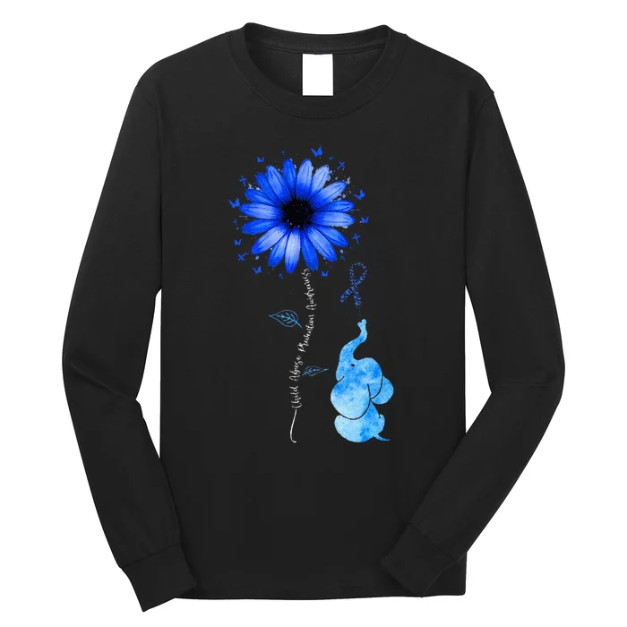 Elephant Butterfly Child Abuse Awareness Blue Ribbon Long Sleeve Shirt