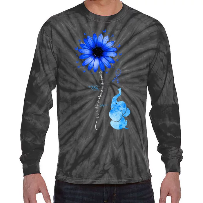 Elephant Butterfly Child Abuse Awareness Blue Ribbon Tie-Dye Long Sleeve Shirt