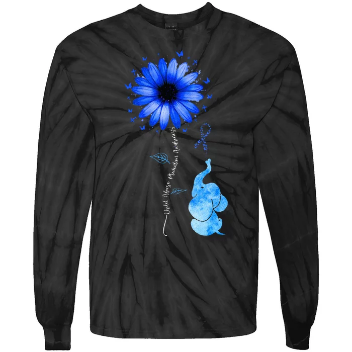 Elephant Butterfly Child Abuse Awareness Blue Ribbon Tie-Dye Long Sleeve Shirt