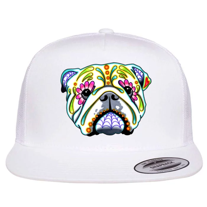 English Bulldog Cute Gift Day Of The Dead Sugar Skull Dog Gift Flat Bill Trucker Hat